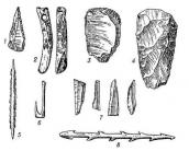 Рис. 2.2.29. Знаряддя доби мезоліту: 1 — кременеве вістря: 2 — копалка з рогу… Рис. 2.2.29. Знаряддя доби мезоліту: 1…