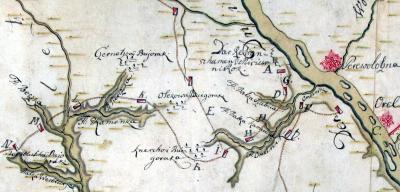 Фрагмент карти 1737 року з маршрутом…