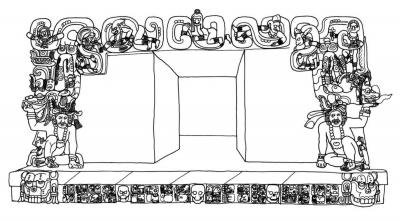 Іл. 61: Модель світобудови. Портал “Храму 22” в Копані. Промальовка Лінди Шіле. Іл. 61: Модель світобудови. Портал…