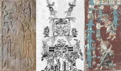 Іл. 87: Іцамаат (“Бог L”). Ліворуч: східна панель святилища в “Храмі Хреста” в… Іл. 87: Іцамаат (“Бог L”). Ліворуч:…