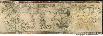 Іл. 131: Ху’ун Ахав стріляє в Іцамна Кокааха. Напис: “Дня 1 Ахав 3 числа… Іл. 131: Ху’ун Ахав стріляє в Іцамна…