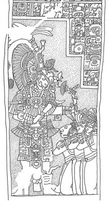 Іл. 161б: Правитель зі статуеткою К’авііля (Йашчілан, Стела 11). Промальовка… Іл. 161б: Правитель зі статуеткою…