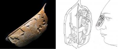 Іл. 184: Носова накладка з людської кістки з Паленке. Ліворуч – фото, у центрі… Іл. 184: Носова накладка з людської…