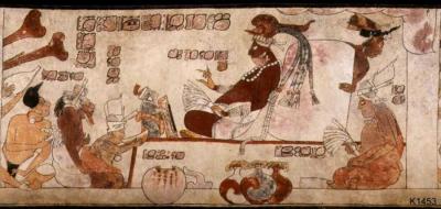 Іл. 189: Палацова сцена з карликом.Justin Kerr. MayaVase Database 1453 Іл. 189: Палацова сцена з…