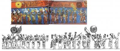 Іл. 231: Присвятна процесія. Розпис “Кімнати 1” в Бонампаку. Вгорі –… Іл. 231: Присвятна процесія. Розпис…