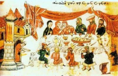 Іл. 2. Бенкет. Мініатюра з візантійського рукопису 1362 р. Париж, Національна… Іл. 2. Бенкет. Мініатюра з…