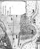 Рис. 2.4.3.32. Труханів острів на мапі 1740-рр. Показано західний ріг, що… Рис. 2.4.3.32. Труханів острів на мапі…