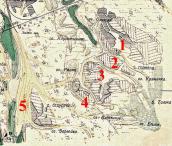 Рис. 2.5.8.62. Позняки та Осокорки на мапі 1914 р.: 1-4 – окремі частини с.… Рис. 2.5.8.62. Позняки та Осокорки на…