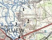 Рис. 2.7.31. Київське лівобережжя на мапі Києва 1941 р. Північна частина: 1 –… Рис. 2.7.31. Київське лівобережжя на…