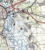 Рис. 2.7.32. Київське лівобережжя на мапі Києва 1941 р. Південна частина: 1-… Рис. 2.7.32. Київське лівобережжя на…